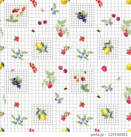 Seamless Watercolor Berry Pattern on Geometric Grid, Hand Painted Fruit and Floral Design with Lemons, Cherries, Blueberries, and Bees Modern Botanical Background for Fabric, Wallpaper, Packaging 129540862