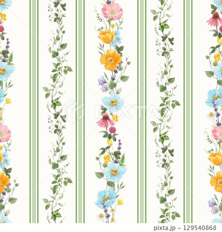 Trendy stylish Vertical Striped floral pattern with wild flowers and intertwining leaves. vintage style pattern. Design for fashion , fabric, textile, wallpaper , wrapping and all prints 129540868
