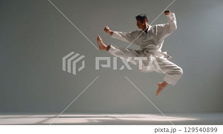 テコンドーの跳び蹴りと躍動 テコンドーの跳び蹴りと躍動 129540899