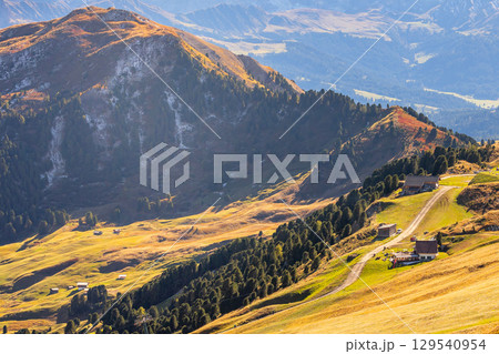 Seceda autumn valley landscape, Val Gardena, Italy Seceda autumn valley landscape, Val Gardena, Italy 129540954