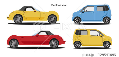 車のイラスト素材セット ベクター 自動車 赤 青 黄色 白背景 レトロ 車のイラスト素材セット ベクター 自動車 赤 青 黄色 白背景 レトロ 129541093