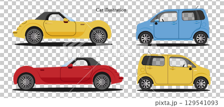 車のイラスト素材セット ベクター 自動車 赤 青 黄色 白背景 レトロ 車のイラスト素材セット ベクター 自動車 赤 青 黄色 白背景 レトロ 129541093