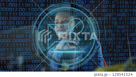 Image of data processing over african american female worker in server room Image of data processing over african american female worker in server room 129541524