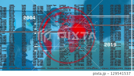 Image of data processing over diverse business people talking in office 129541537