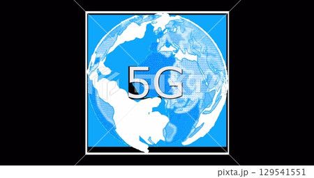 Image of rotating globe and 5g on black background 129541551