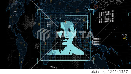 Image of data processing with people portraits over world map on black background Image of data processing with people portraits over world map on black background 129541587