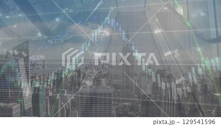 Image of financial data processing over cityscape 129541596