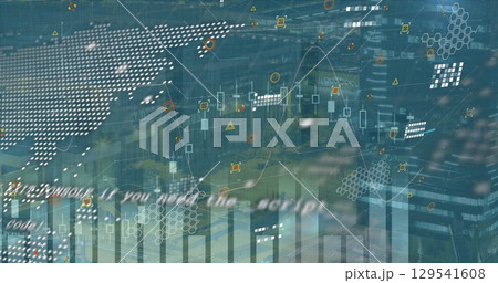 Image of graphs, data processing, icons and globe on blue background 129541608