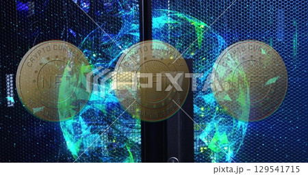 Image of coins with nft and globe with shapes over servers 129541715