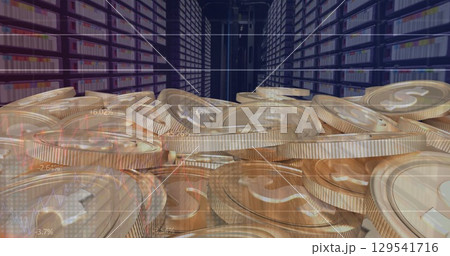 Image of coins with nft and graphs over servers 129541716