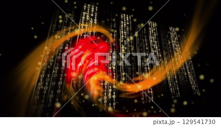 Image of light trails over data processing on black background 129541730