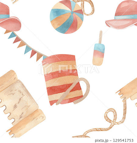 Watercolor beach-themed seamless pattern featuring a striped bag, beach ball, sun hats, sandcastle on a white background. Perfect for summer textiles, packaging, baby products, scrapbooking, banners Watercolor beach-themed seamless pattern featuring a striped bag, beach ball, sun hats, sandcastle on a white background. Perfect for summer textiles, packaging, baby products, scrapbooking, banners 129541753