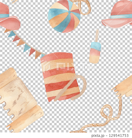Watercolor beach-themed seamless pattern featuring a striped bag, beach ball, sun hats, sandcastle on a white background. Perfect for summer textiles, packaging, baby products, scrapbooking, banners Watercolor beach-themed seamless pattern featuring a striped bag, beach ball, sun hats, sandcastle on a white background. Perfect for summer textiles, packaging, baby products, scrapbooking, banners 129541753