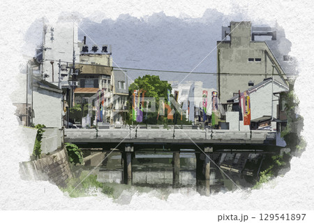 水彩画風　琴平　金倉川の橋　香川県琴平町 129541897