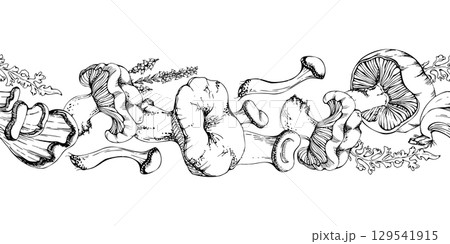 Russula webcap oyster mushroom, moss lichen growth, heather flowers. Nature seamless banner hand drawn in vector ink. Woodland floor habitat scene. Scrapbooking decoupage stationery, wild food market 129541915