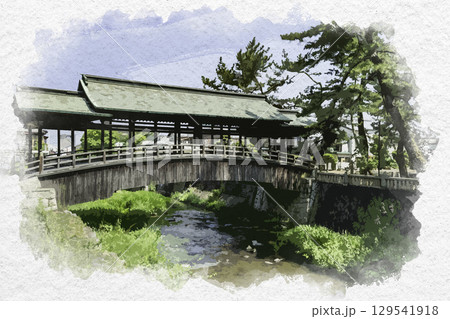 水彩画風　琴平　鞘橋　金倉川　香川県琴平町 129541918