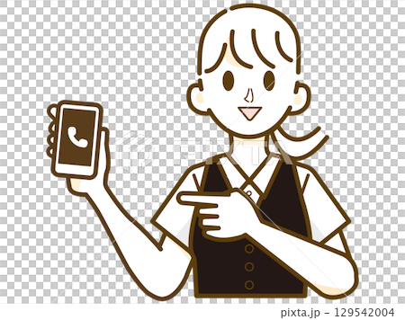 Smiling female staff pointing at smartphone Smiling female staff pointing at smartphone 129542004