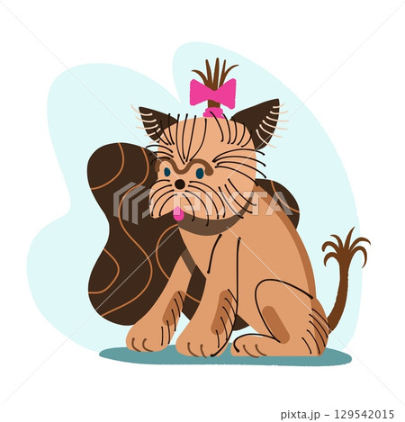 Adorable Yorkshire Terrier With Pink Bow Sitting Playfully Against Blue Background 129542015