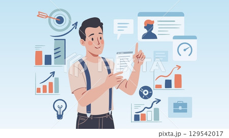 A productive man multitasking on a project, analyzing business strategy and data graphs. 129542017