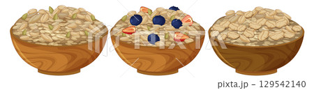 Three Wooden Bowls of Oatmeal with Fruit and Seeds 129542140