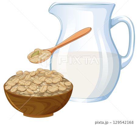 Oatmeal Breakfast with Wooden Bowl and Milk Pitcher Oatmeal Breakfast with Wooden Bowl and Milk Pitcher 129542168