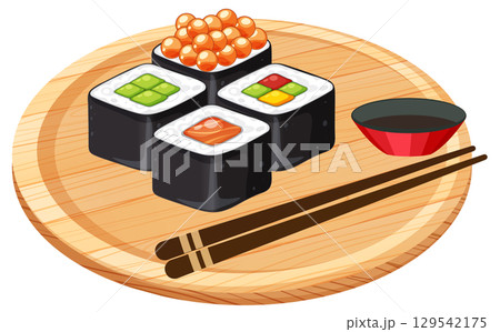 Assorted Sushi Rolls on Wooden Plate with Chopsticks 129542175