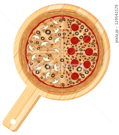 Half Mushroom and Pepperoni Pizza on Wooden Board 129542179