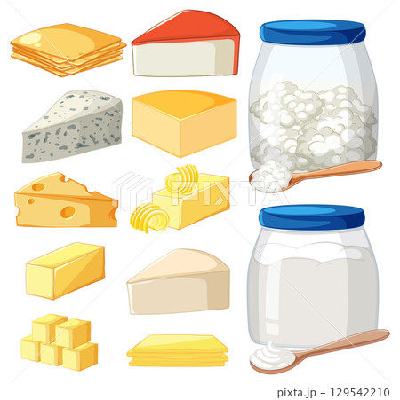Variety of Cheeses and Dairy Products Vector Illustration 129542210