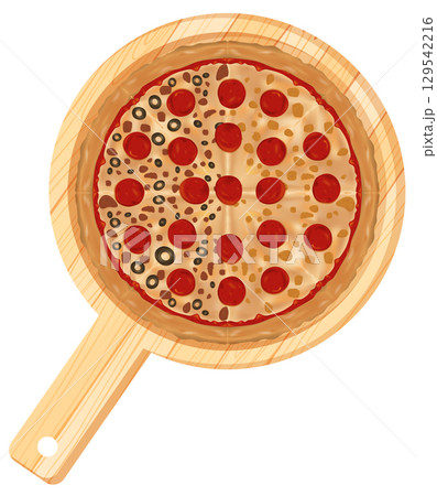 Pepperoni and Olive Pizza on Wooden Board Illustration 129542216