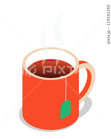 Isometric tea cup, mug of invigorating black tea from a tea bag. Realistic 3D vector concept isolated on white background Isometric tea cup, mug of invigorating black tea from a tea bag. Realistic 3D vector concept isolated on white background 129542260