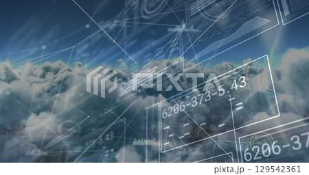 Image of network of connections with data processing over sky with clouds 129542361