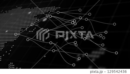 Image of network of connections and world map over black background Image of network of connections and world map over black background 129542436