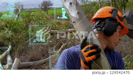Network of digital icons against caucasian couple holding hands against grey background 129542470