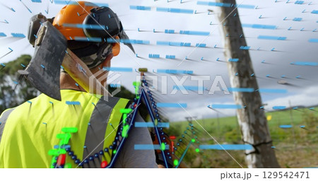 Image of social media users over midsection of caucasian man with axe 129542471