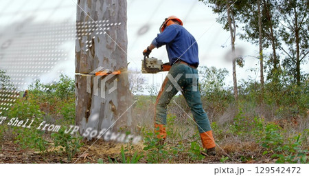 Image of digital interface over lumberjack Image of digital interface over lumberjack 129542472