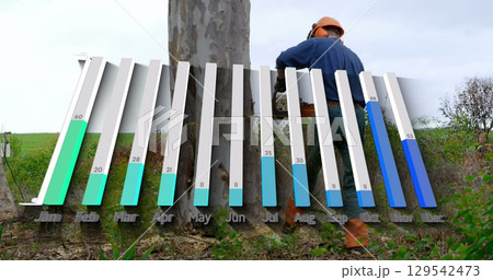 Cutting helmeted logger using chainsaw on tree trunk in field, with 3D bar chart, copy space Cutting helmeted logger using chainsaw on tree trunk in field, with 3D bar chart, copy space 129542473