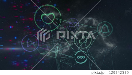 Image of blue dots over connections with icons on black background 129542559