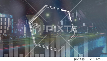 Image of graphs and hexagons over timelapse with night road traffic 129542560