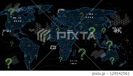 Image of question marks over world map and icons on black background 129542561
