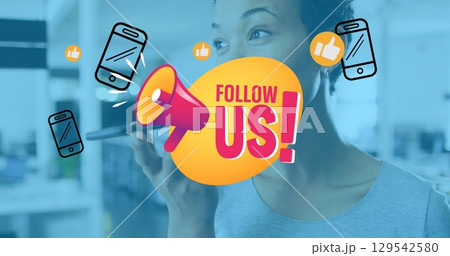 Image of follow us and smartphones over woman in office having call 129542580