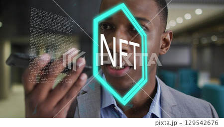 Image of numbers changing and network of connections over businessman wearing phone headset Image of numbers changing and network of connections over businessman wearing phone headset 129542676