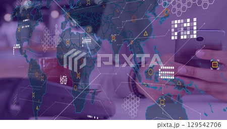 Image of data processing with world map over diverse people paying with smartphone Image of data processing with world map over diverse people paying with smartphone 129542706