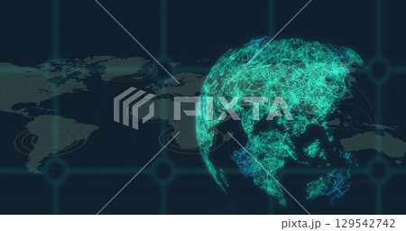Image of network of connections over world map and globe 129542742