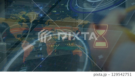 Image of data processing and globe over server room 129542751