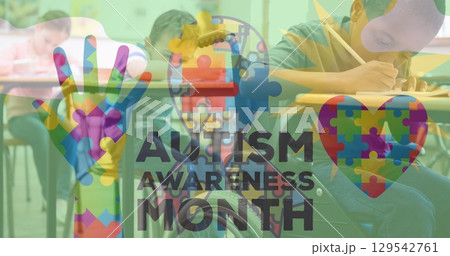 Image of autism awareness month text and icons over diverse schoolchildren Image of autism awareness month text and icons over diverse schoolchildren 129542761