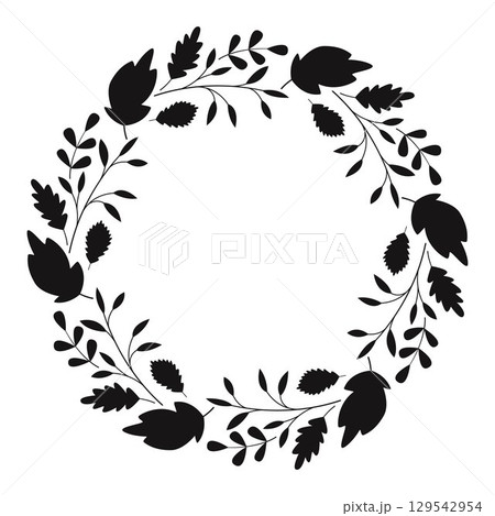 Silhouette of leaves creates round botanical wreath Silhouette of leaves creates round botanical wreath 129542954