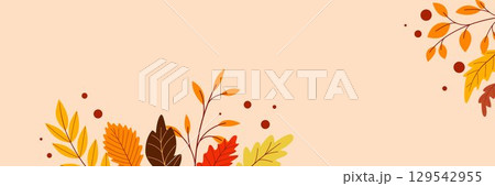 Autumn cozy atmospheric template decorated with colorful leaves 129542955