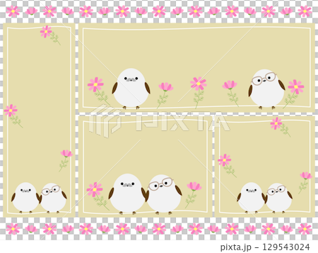 Cute long-tailed tit and four-color background set for Respect for the Aged Day 129543024