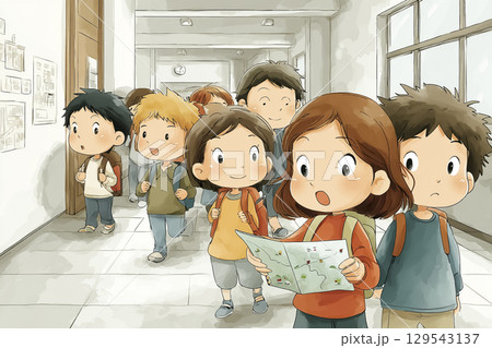 小学校で防災マップを手に持ち、校内を歩くグループ 小学校で防災マップを手に持ち、校内を歩くグループ 129543137