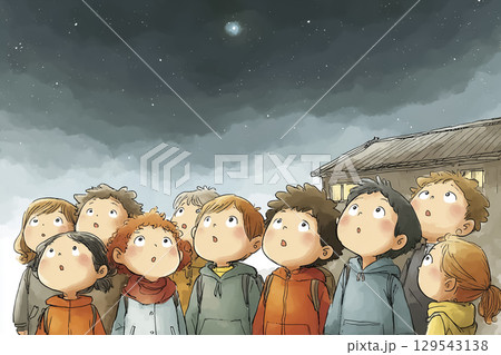 小学校の外で集まって夜空を見上げる児童たち(訓練完了後の一息) 小学校の外で集まって夜空を見上げる児童たち(訓練完了後の一息) 129543138
